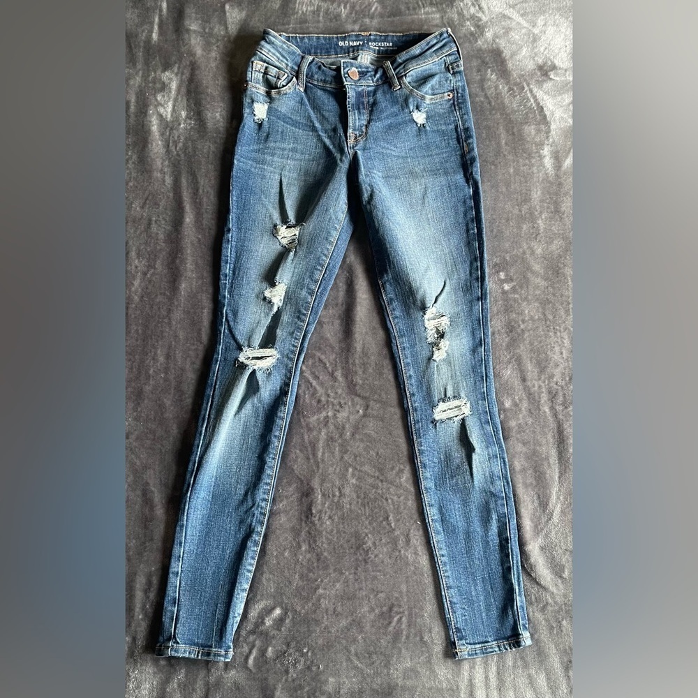 Old Navy Rockstar Super Skinny Mid Rise Blue Jeans Women's Size 0 Distressed